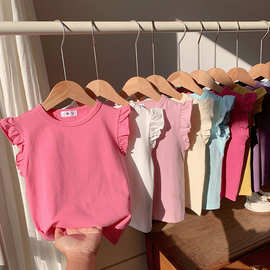 女童荷叶短袖2025夏季薄款女童飞飞袖背心上衣小公主糖果T恤