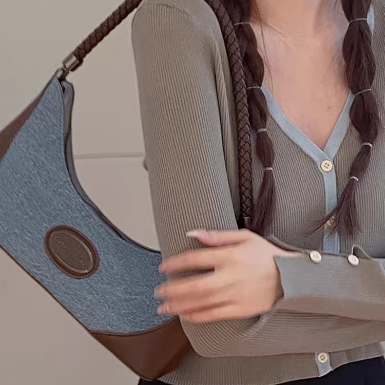 Denim Canvas Baguette Bag Women's Shoulder Bag 2025 New Niche Design Handheld Underarm Bag For Work And Commuting - Thumbnail 3