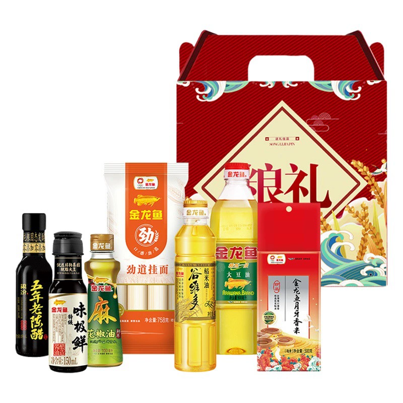 Подарочная коробка Arowana, комбинация зерна, масла, риса и лапши, 400мл, рис 500г, 0.5kg упаковок с подарочной упаковкой, упаковка зерна и масла