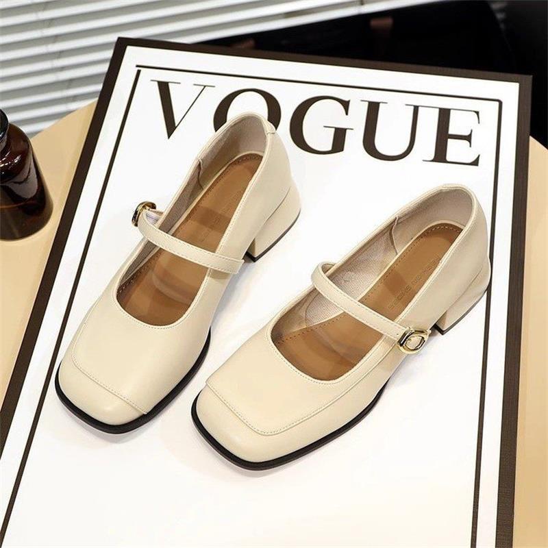Cuero suave retro francés con zapatos Mary Jane para mujer de tacón grueso estilo británico zapatos de cuero de tacón medio negro zapatos de punta cuadrada