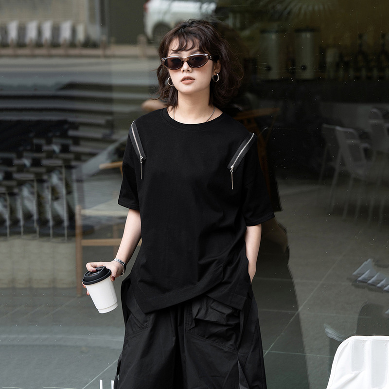 240335 European Station Dark Cold Style Design Sense Irregular T-shirt Summer New Unique Chic Tops