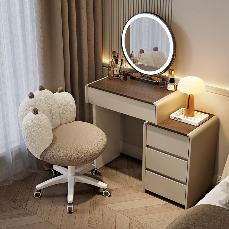 2025 New Style Dressing Table Solid Wood Dressing Table Cupboard Integrated Bedroom Cream Retro Style Small Apartment Simple and Modern