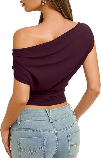 Women's Sexy Off Shoulder Asymmetrical Slim Fit Short Sleeve Top – Side Slash Neck Summer Tee_ecoleips.com