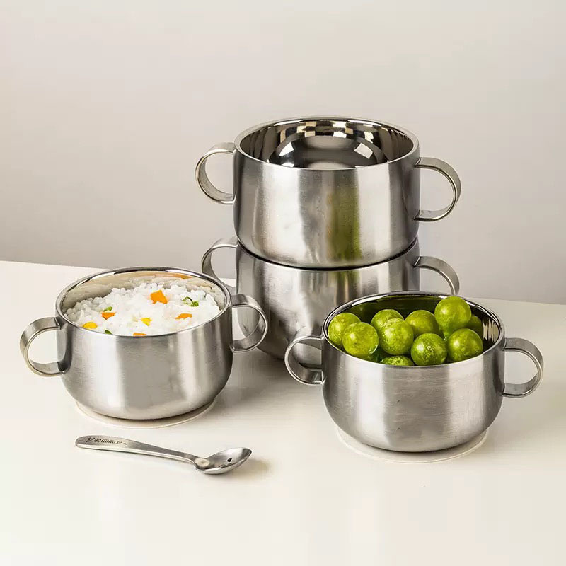 316 Stainless Steel Children's Bowl Double-layer Thickened Binaural Soup Bowl with Handle Eating Bowl Baby Bowl Anti-fall and Anti-scalding