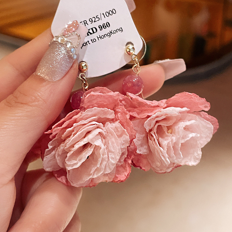 Plating Design 1 Pair Elegant Lady Sweet Round Flower Plating Alloy Cloth Seed Bead Drop Earrings Ear Studs