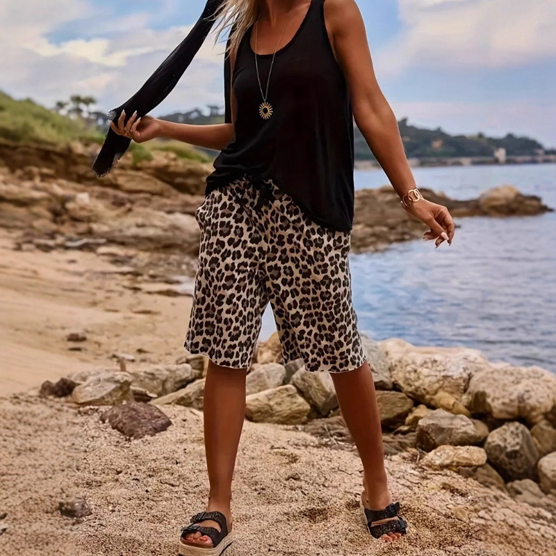 Cross-Border 2026 Women's Leopard Print Shorts Summer Beach Shorts Casual Running Sports Shorts 5-Point Straight-Leg Pants Trendy