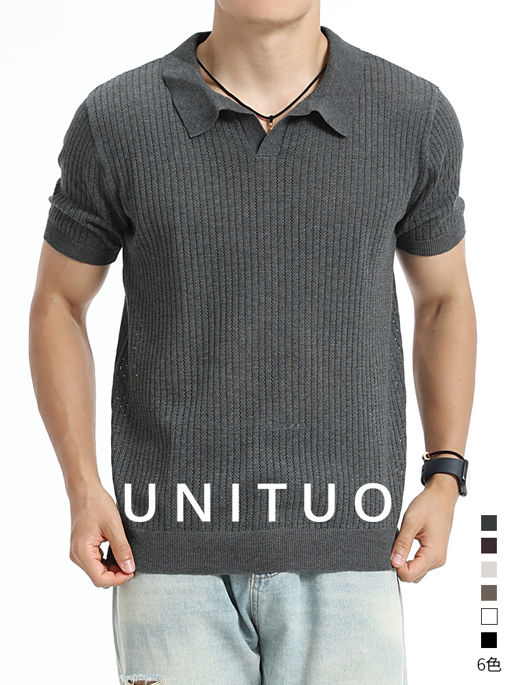 Europa y los Estados Unidos transfronterizos hombres de verano V-collar agujero hielo tejido polo camiseta alta sensación delgada con solapa transpirable mangas cortas