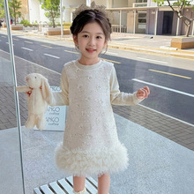 女童亮片加绒背心裙秋冬新款礼服裙儿童公主裙tutu连衣裙立体花朵
