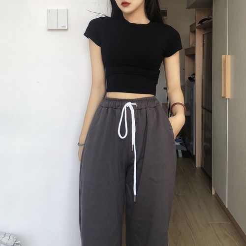 American basic retro solid color small round neck elastic short sleeve tight T-shirt half sleeve crop top base layer top