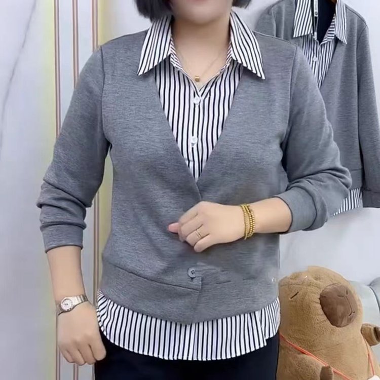 一件代发新款拼接假两件设计衬衫女2025秋季新品时尚洋气百搭上衣|undefined