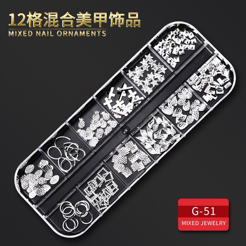 Juego completo transfronterizo de 12 compartimientos de remaches de metal, diamantes de imitación, Xingyue, piezas de concha de diamantes, accesorios para uñas, adornos para uñas