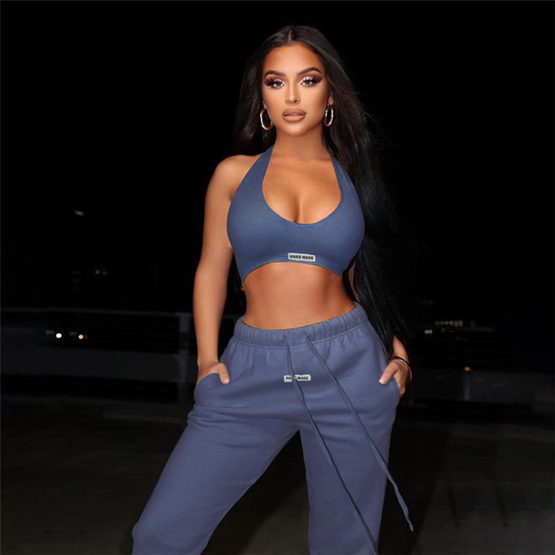 Classic Style Streetwear Solid Color Spandex Polyester Halter Neck Tracksuit Vest Sweatpants display picture 3