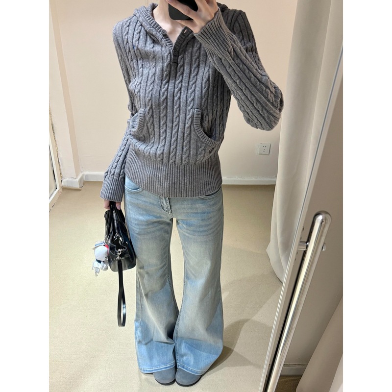灰色连帽麻花毛衣女2025新款早春秋季休闲感慵懒风修身针织衫上衣|undefined