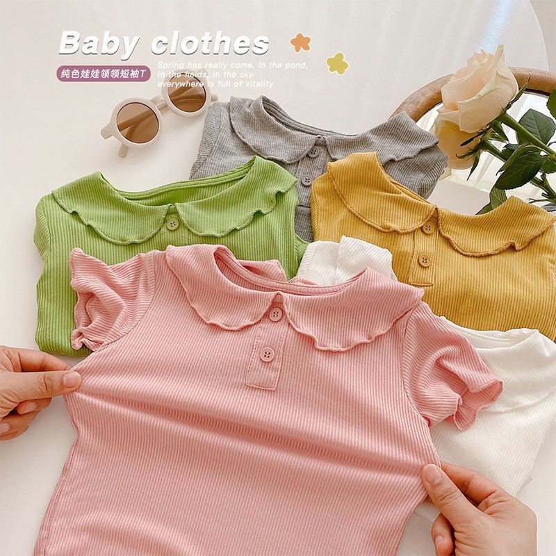 女童冰丝短袖T恤夏季薄款女宝宝娃娃领儿童纯色百搭上衣打底衫潮