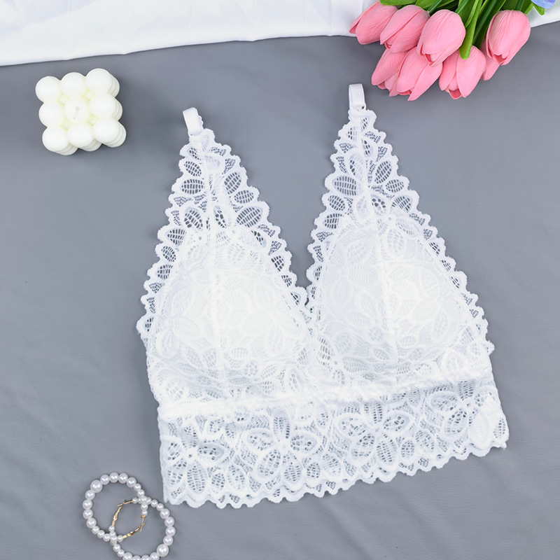 Bra de espalda francesa sexy de encaje de copa triangular envuelto en el pecho de la mujer sin marcas sin anillo de acero de la ropa interior del pecho