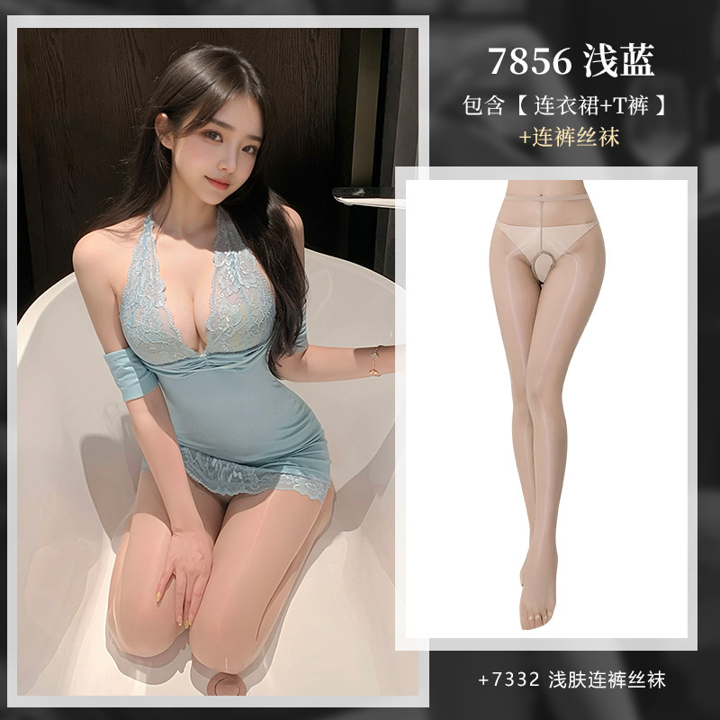 ◆사랑스러운 아내◆하늘색[드레스+T바지]+밝은 피부의 가랑이 없는 팬티스타킹