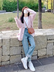 小香风粉色v领开衫女毛衣宽松2025秋季新款慵懒风外套复古针织衫