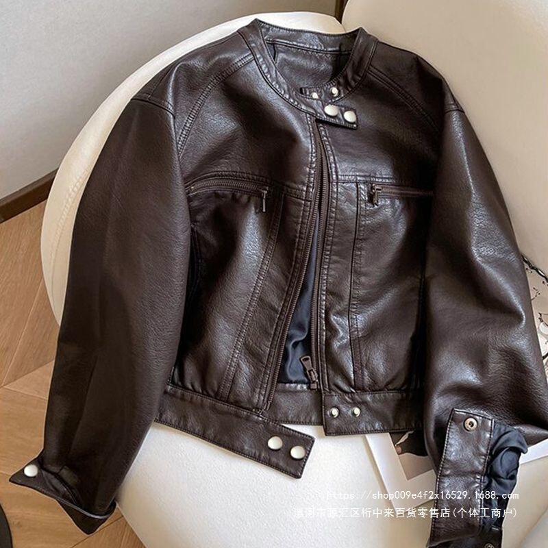 Limited size soft leather spring/autumn jacket for women, new Hong Kong style retro biker jacket for petite women, super cool leather jacket Limited size soft leather spring/autumn jacket for women, new Hong Kong style retro biker jacket for petite women, super cool leather jacket