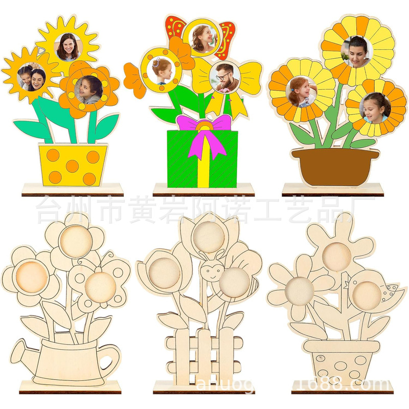 Cross-Border Spring Flower Ornaments Unfinished DIY Wooden Decorative Ornaments Wooden Carved Flower Photo Frame