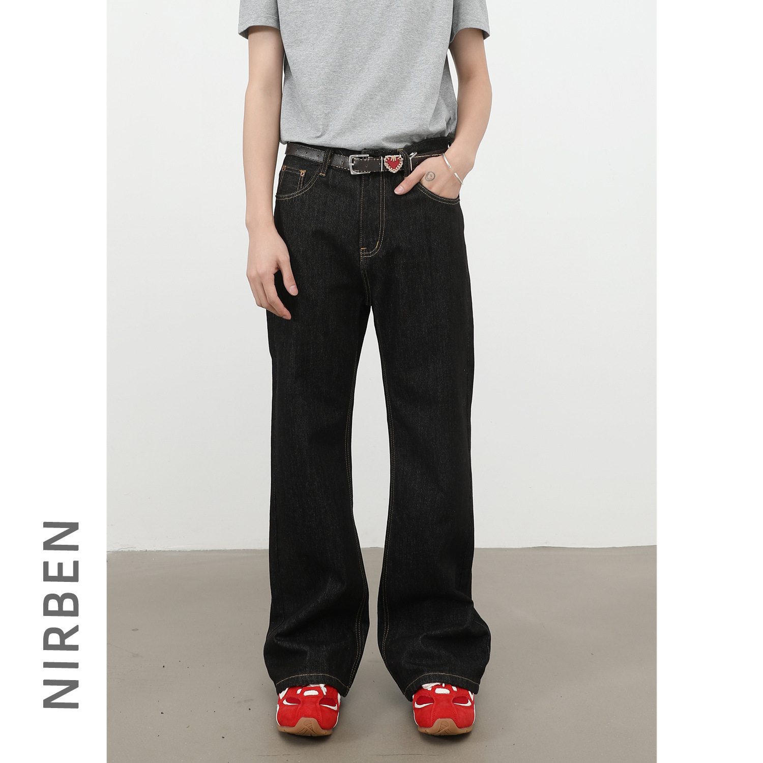 Nirben Denim High Volume Colorfast Raw Denim Jeans For Men Slightly Flared Loose Fit Black Blue_viptrois.com