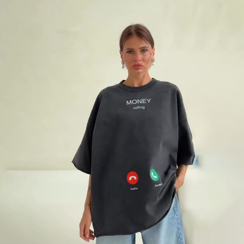 Boyfriend Style Oversize Dropped Shoulder Sleeves Round Neck Pullover Top Casual Versatile Simple Ins Printed Short-Sleeved t Women's Clothing