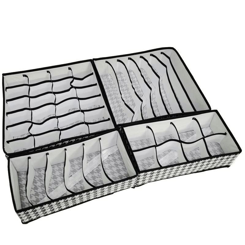 ベージュグレー千鳥格子下着収納ボックス4点セットチェック柄下着靴下ブラジャー衣類収納ボックス生地|undefined