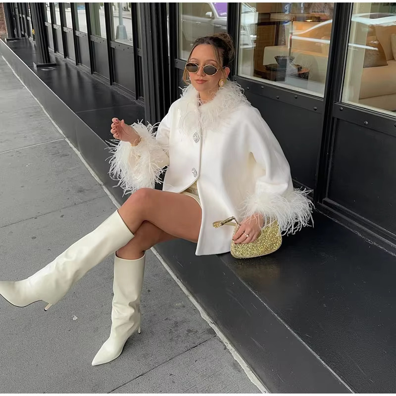European and American Cross-border 2025 Spring Women's Jacket Elegant Feather Collar Women's Casual Jacket