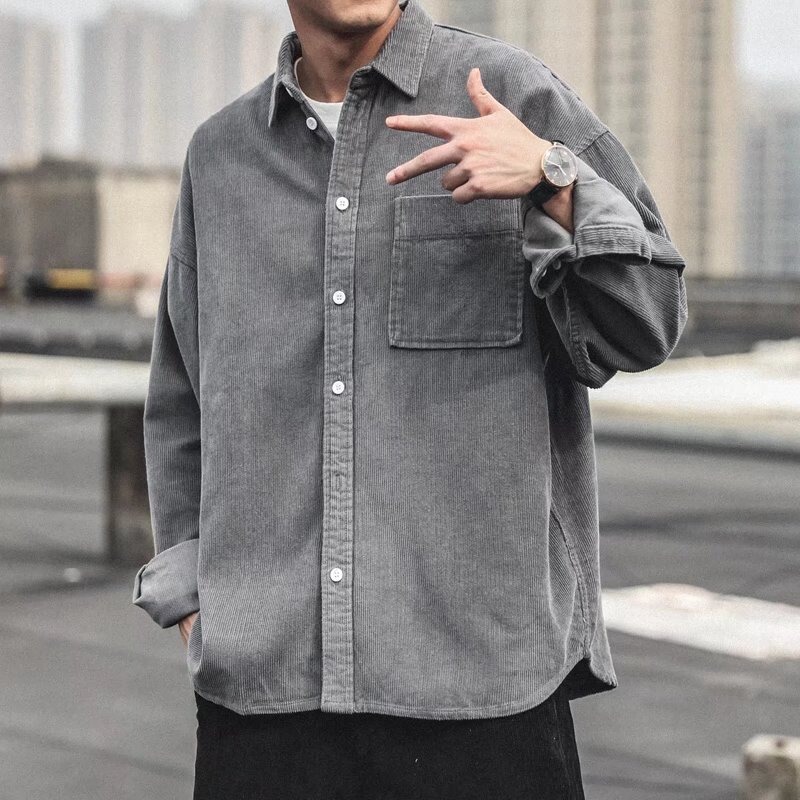 香港風春秋秋のコーデュロイ長袖シャツ男性日本のゆったりとした純色のハンサムなカジュアルシャツのコート|undefined