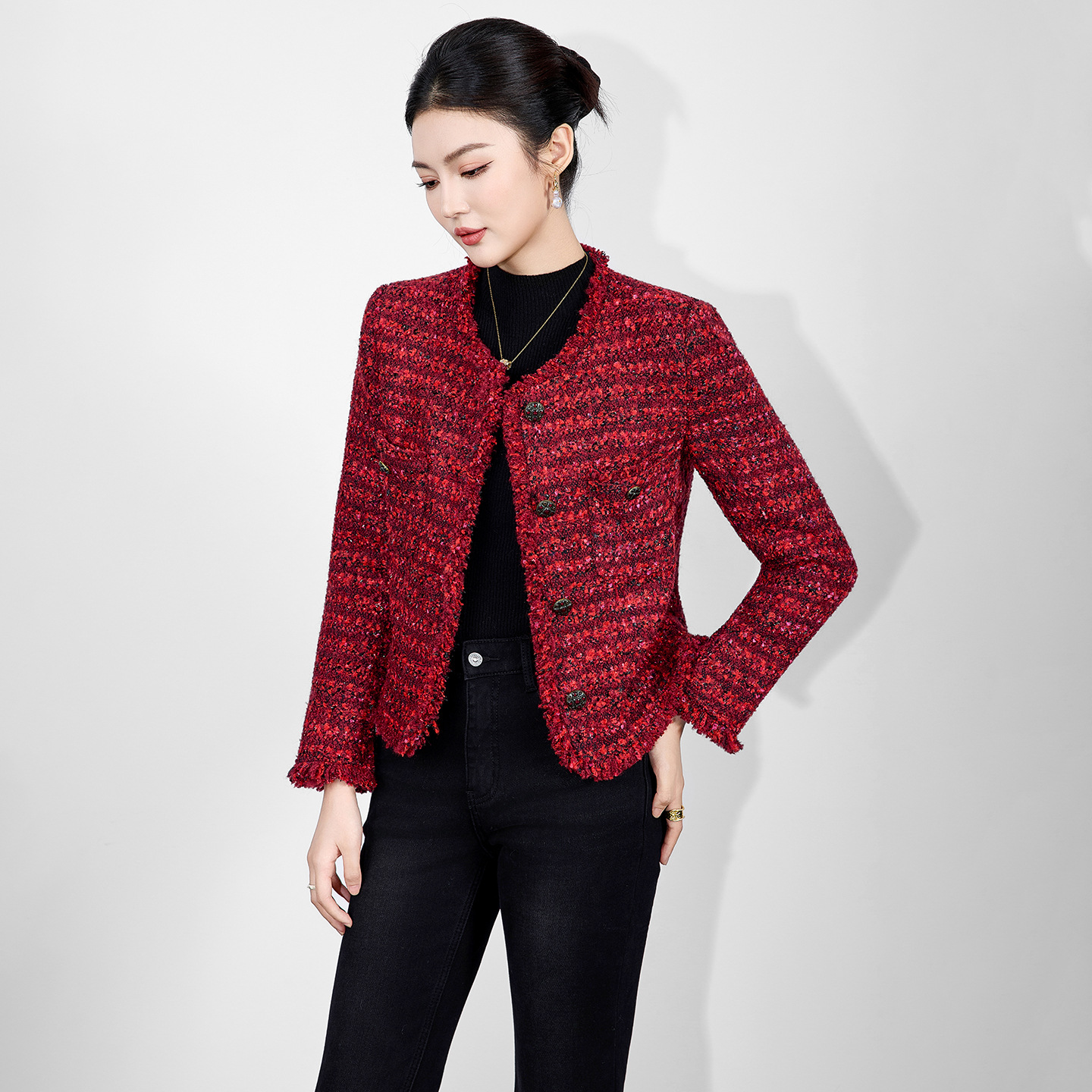 2515406 - Thickened Shiny Silk Floral Yarn Woven Tweed Wool Chanel-Style Jacket for Women, New Winter Top, Nanyou