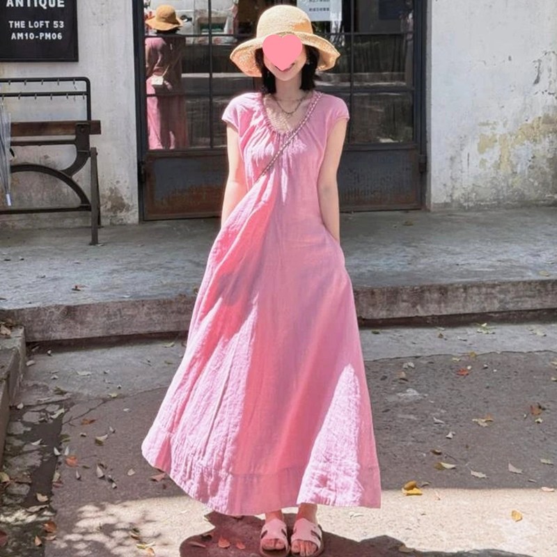 跨境法式亚麻a字连衣裙2025新款今年流行漂亮粉色连身裙子女|undefined