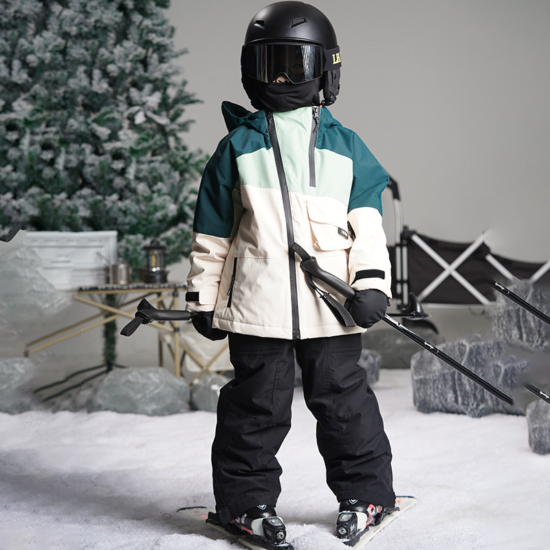 더블 지퍼 재킷 녹색과 흰색 어린이 전문 방수 방풍 어린이를위한 따뜻한 야외 스키 세트