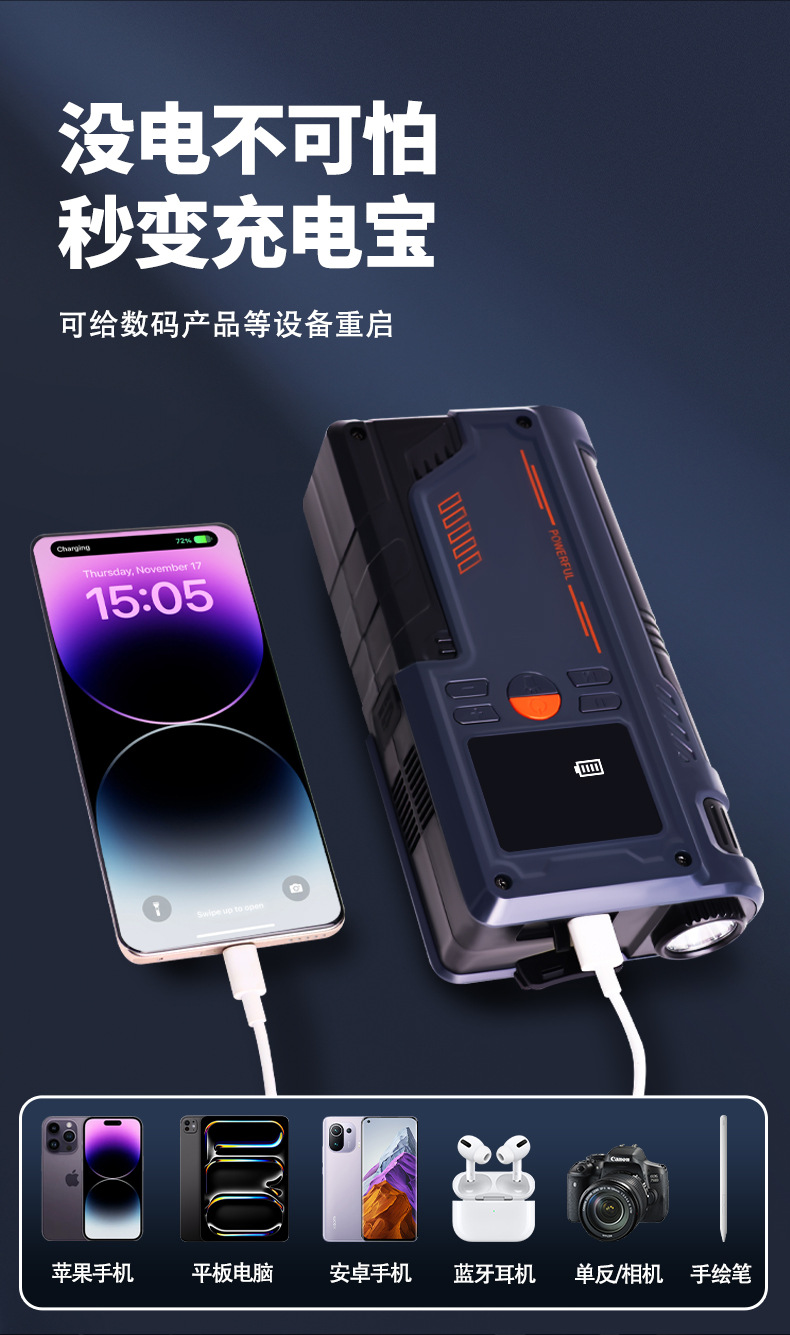 Inflator Pump, Car Emergency Ignition, Lighting and Inflating All-In-One Machine, Car Air Pump, Portable Power Bank