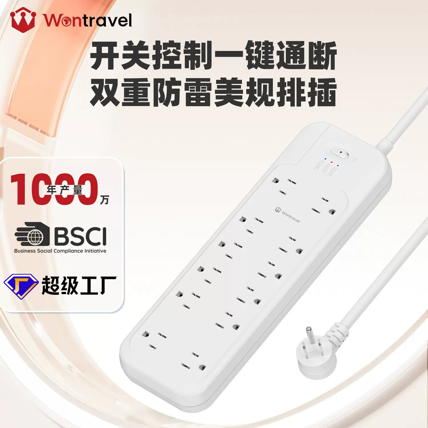 万旅双重防雷排插12位美规接线插座双4800J浪涌保护家用开关插排