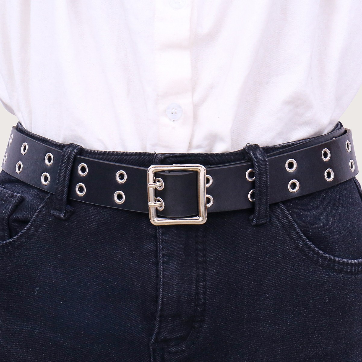 Fábrica al por mayor de las mujeres hebilla cinturón moda las mujeres doble fila agujero de aire decorativo jeans cinturón las mujeres