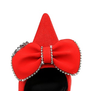 9511-H31 Luxury Banquet High Heels with Thin Heels, Suede Surface, Shallow Mouth, Sharp Point, Rhinestone Bow, Super Hig