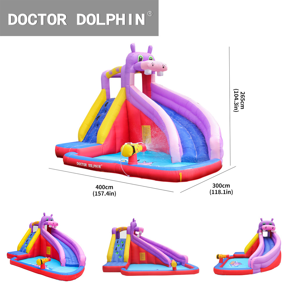 Castillo inflable infantil para interiores Doctor Dolphin con tobogán de agua, modelo de hipopótamo pequeño, castillo de juegos acuáticos para el hogar, inflable y antideslizante.