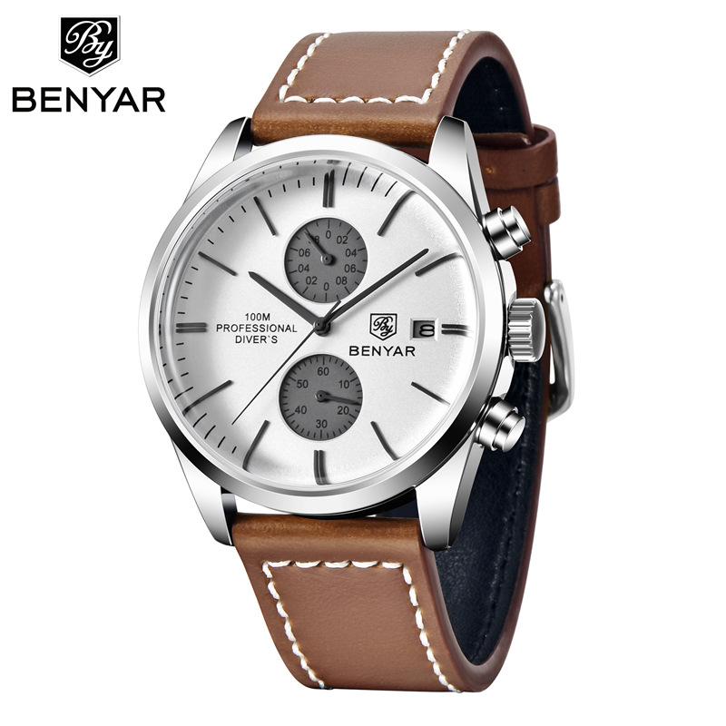 BENYAR Binya 5187 nuevo movimiento de cuarzo multifuncional correa de cuero reloj de calendario casual de negocios para hombres