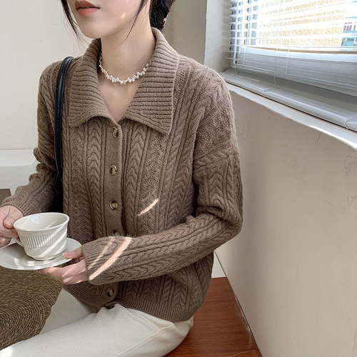 纯色编织格纹毛衣外套女慵懒风短款宽松早秋外穿上衣女士针织开衫详情24