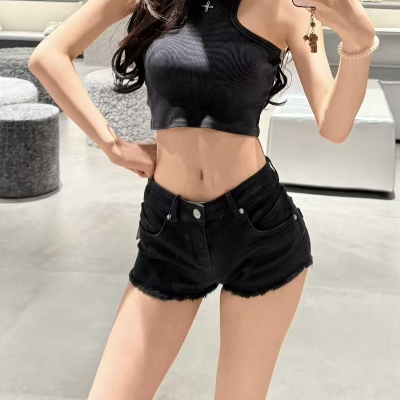 Smfkk Wilderness Phantom Ultra-Low-Waist Denim Shorts with a Stylish Design and Frayed Edges, Stretchy Hot Pants