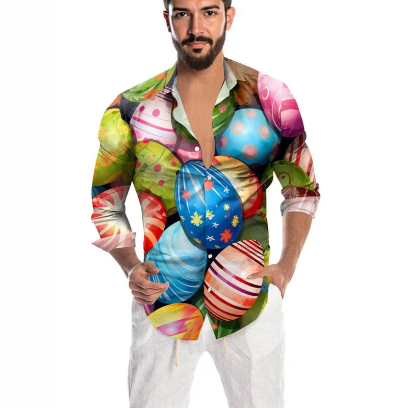 Cross-Border Independent Site Temu Shein Easter Colorful Egg Men's Casual Collared Long-Sleeve Shirt Factory Wholesale Cross-Border Independent Site Temu Shein Easter Colorful Egg Men's Casual Collared Long-Sleeve Shirt Factory Wholesale