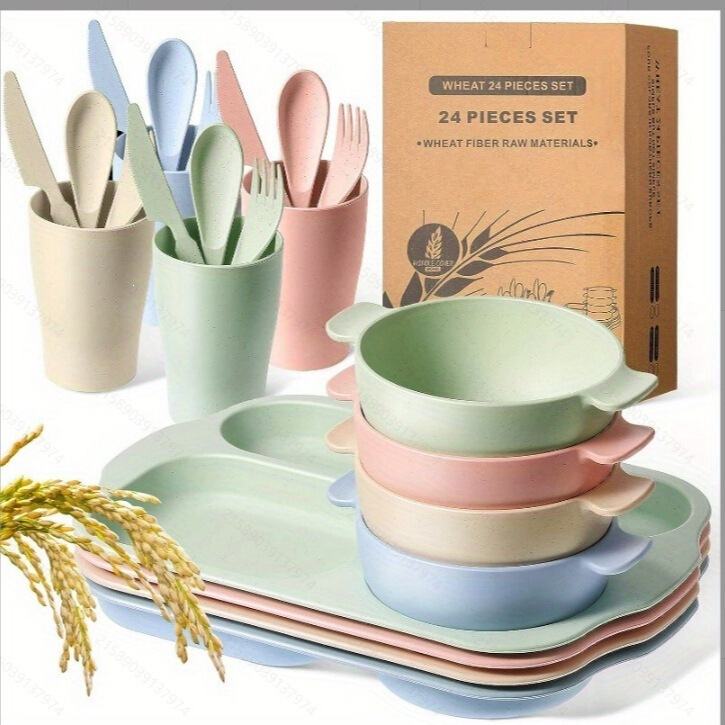 Amazon Wheat Straw Children's Dinner Plate Set 24-Piece Student Canteen Divided Plate Bowl Cup Knife Fork Cutlery Set Amazon Wheat Straw Children's Dinner Plate Set 24-Piece Student Canteen Divided Plate Bowl Cup Knife Fork Cutlery Set