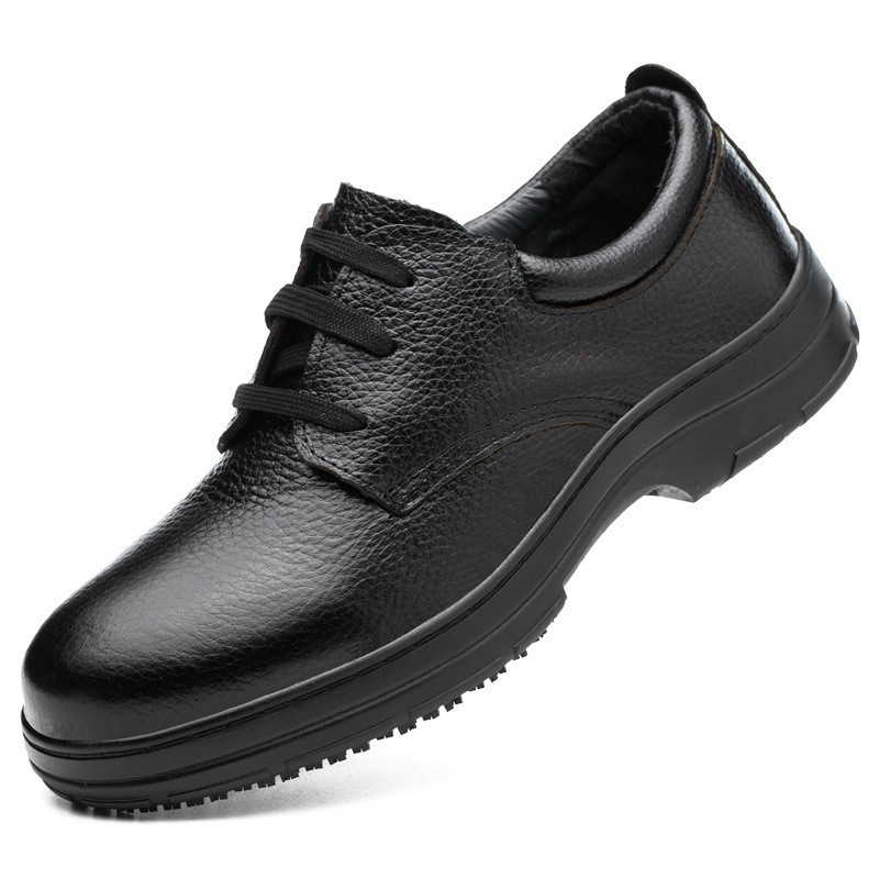 Kitchen black cowhide rubber sole casual chef shoes food factory men's breathable soft bottom business leather shoes