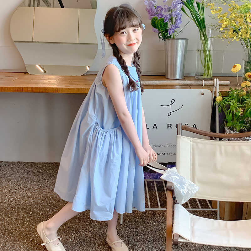 Girls Dress 2025 New Skirt Blue Children's Baby Summer Sleeveless Vest Dress Pure Cotton Long Thin Style