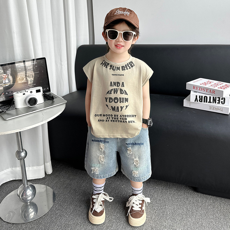 7265 Traje de verano para niños 2025 nueva ropa sin mangas de verano para niños chaleco fino de dos piezas de verano