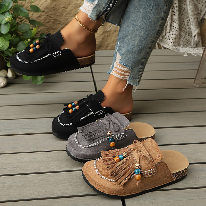In-Stock 2026 Cross-Border Half-Slippers for Women, New Summer Style, Flat Retro Tassel Beaded Closed-Toe Versatile Casual Women's Shoes In-Stock 2026 Cross-Border Half-Slippers for Women, New Summer Style, Flat Retro Tassel Beaded Closed-Toe Versatile Casual Women's Shoes