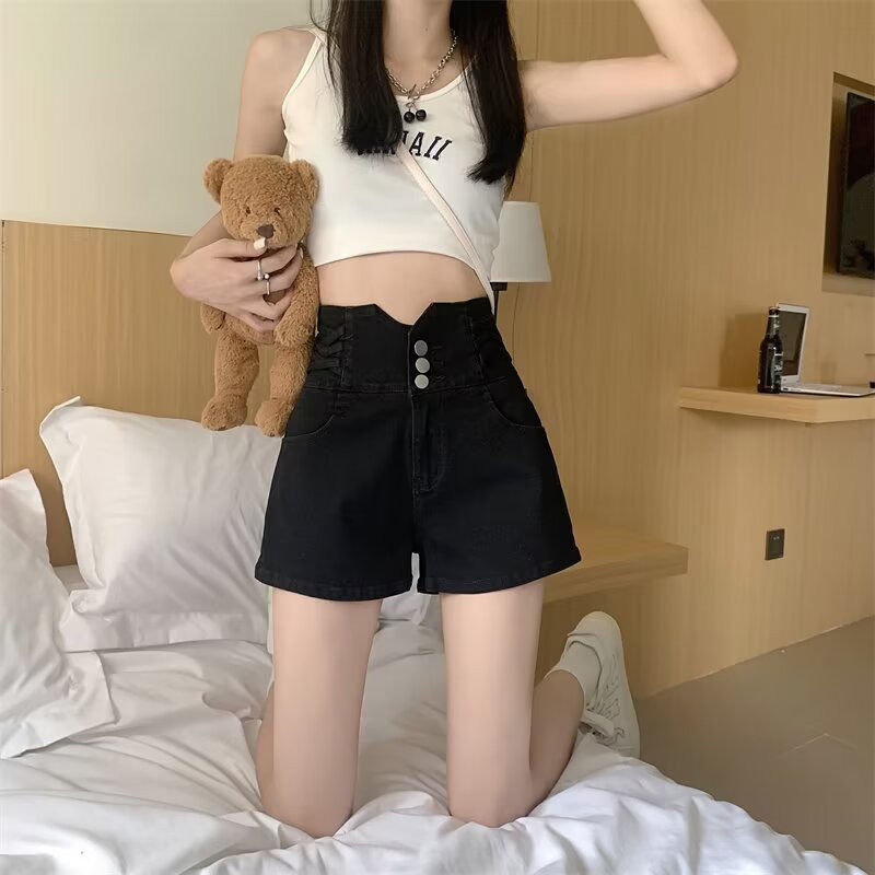 复古a字超高腰牛仔短裤夏辣妹女2025新款大码显瘦三排扣设计热裤