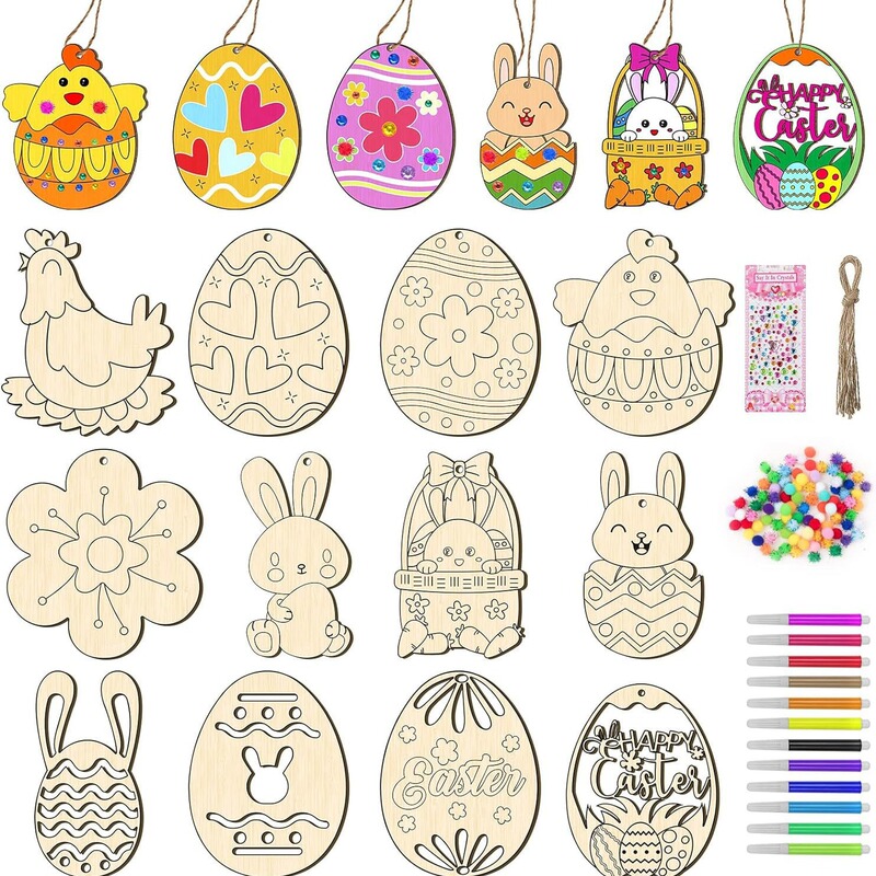 Unfinished Wooden Ornaments DIY Easter Egg Bunny Chick Hanging Decoration Craft for Easter Decoration