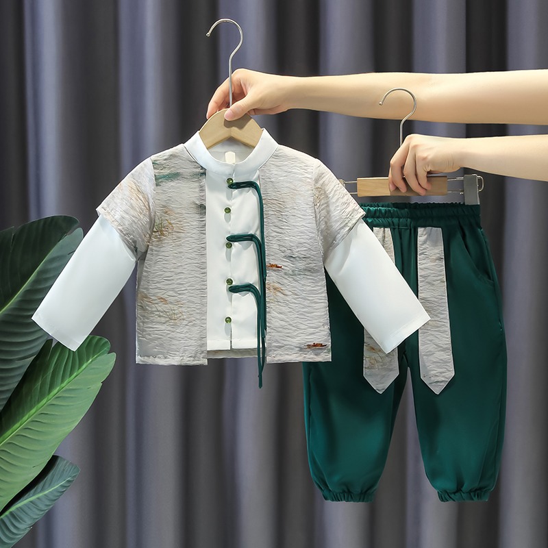 兒童漢服洋氣新款周歲禮服男寶寶春季儒雅套裝男童長袖拼接兩件套