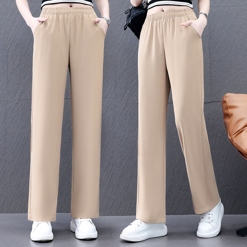 Ice-Feel Anti-Wrinkle Fashionable Casual Elastic High-Waisted Wide-Leg Straight Pants for Women, Summer Loose Fit, Slimming Solid Color Chinese Style Pants Ice-Feel Anti-Wrinkle Fashionable Casual Elastic High-Waisted Wide-Leg Straight Pants for Women, Summer Loose Fit, Slimming Solid Color Chinese Style Pants