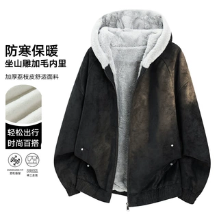 棉衣男士美式潮流连帽棉服冬季新款宽松加绒加厚座山雕保暖外套男